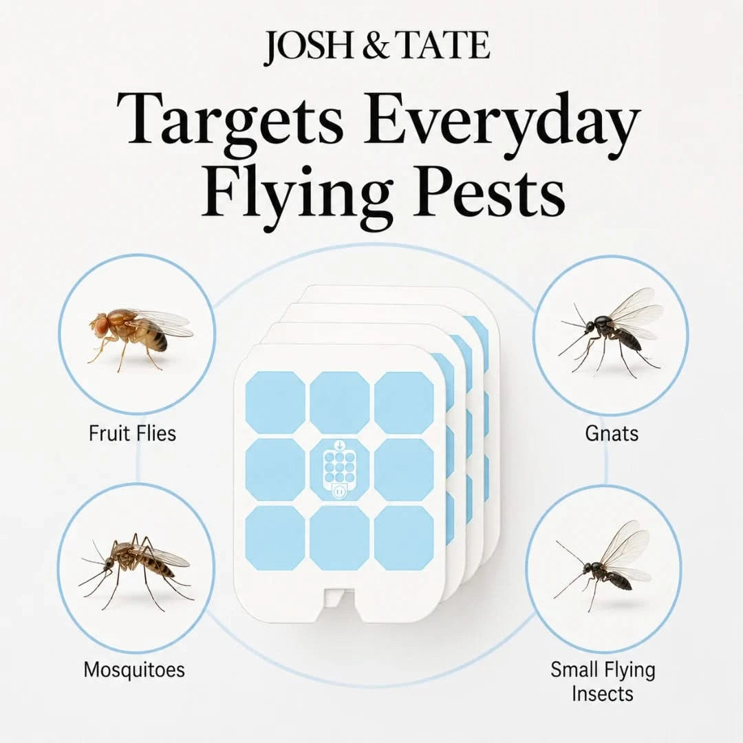 Josh & Tate - BugSheet™ Sticky Mosquito Catcher - Product for targeting everyday flying pests with illustrations of fruit flies, gnats, mosquitoes, and small flying insects.