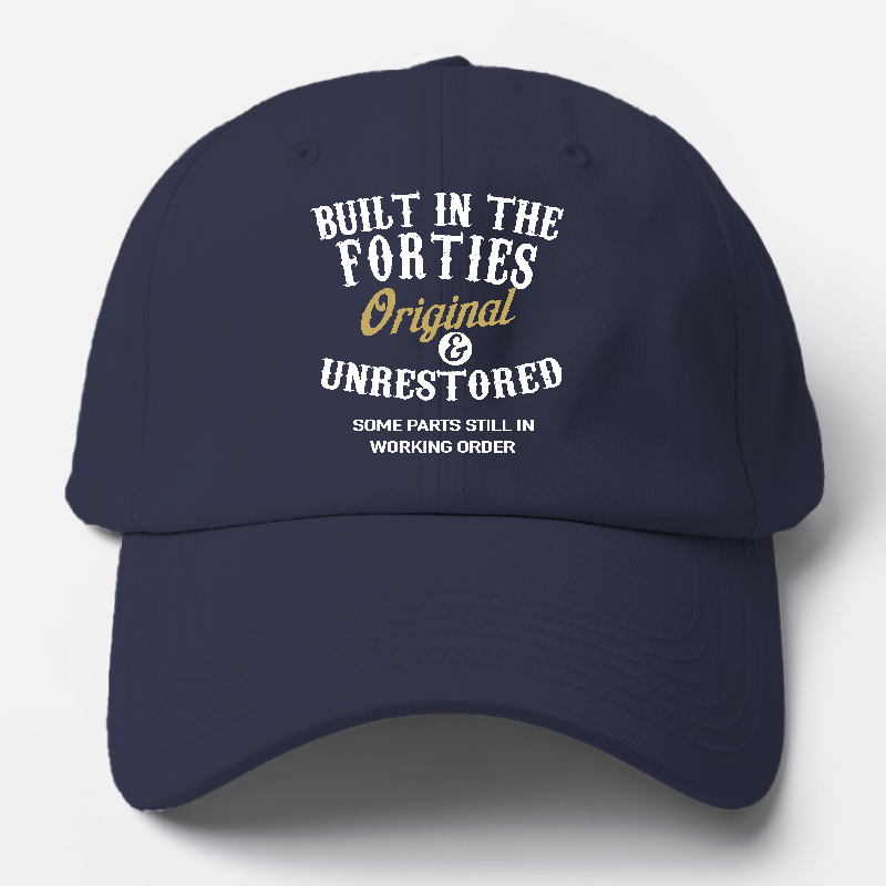 Navy blue cap with text on a white background