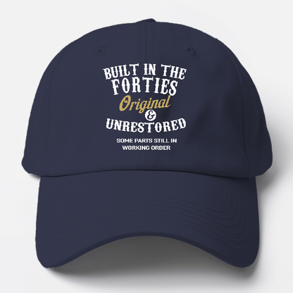 Navy blue cap with text on a white background