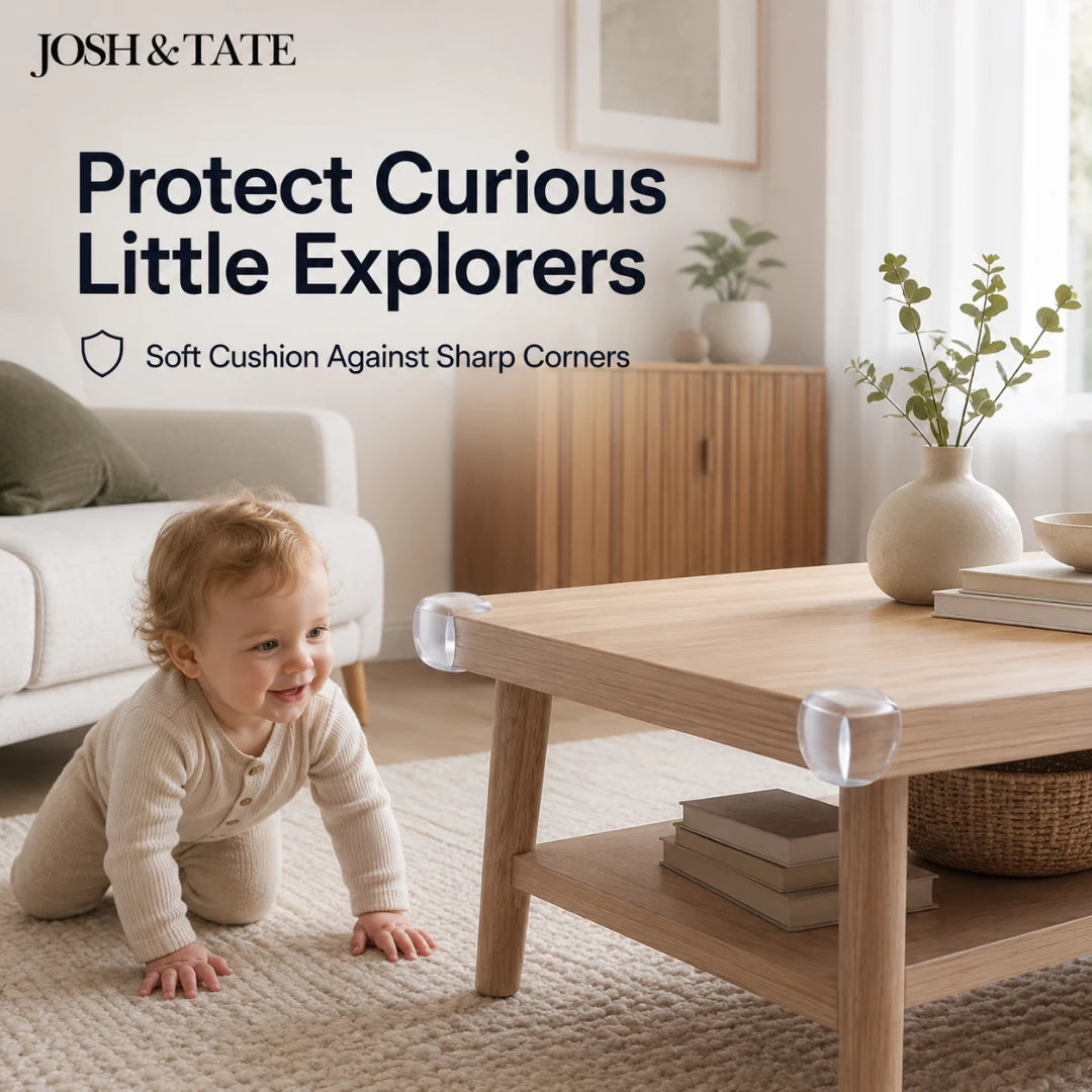 Josh & Tate - BumperBall™ Corner Protectors - Baby crawling near a wooden coffee table with 'Josh & Tate' product advertisement.