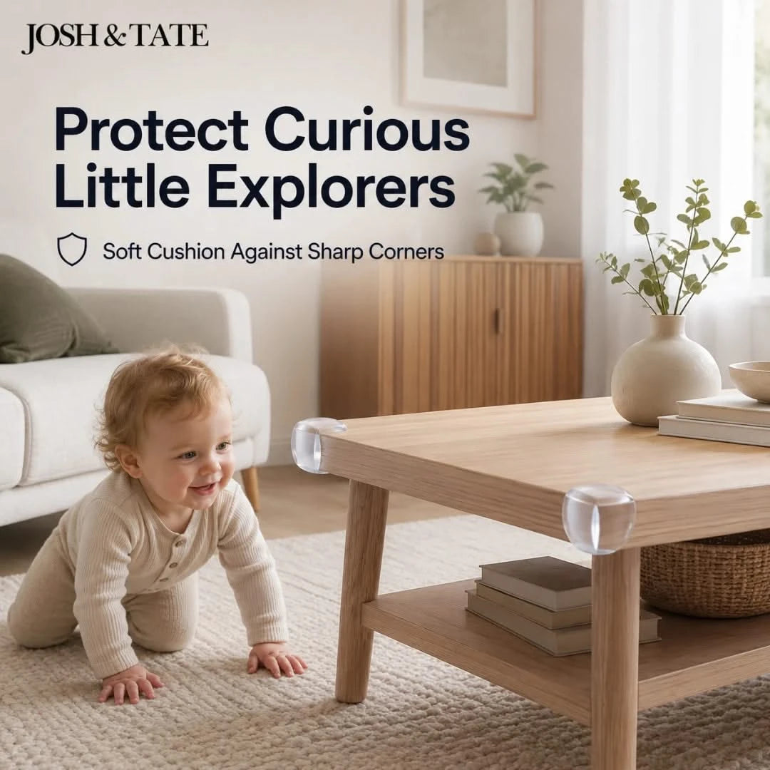 Josh & Tate - BumperBall™ Corner Protectors - Baby crawling near a wooden coffee table with 'Josh & Tate' product advertisement.