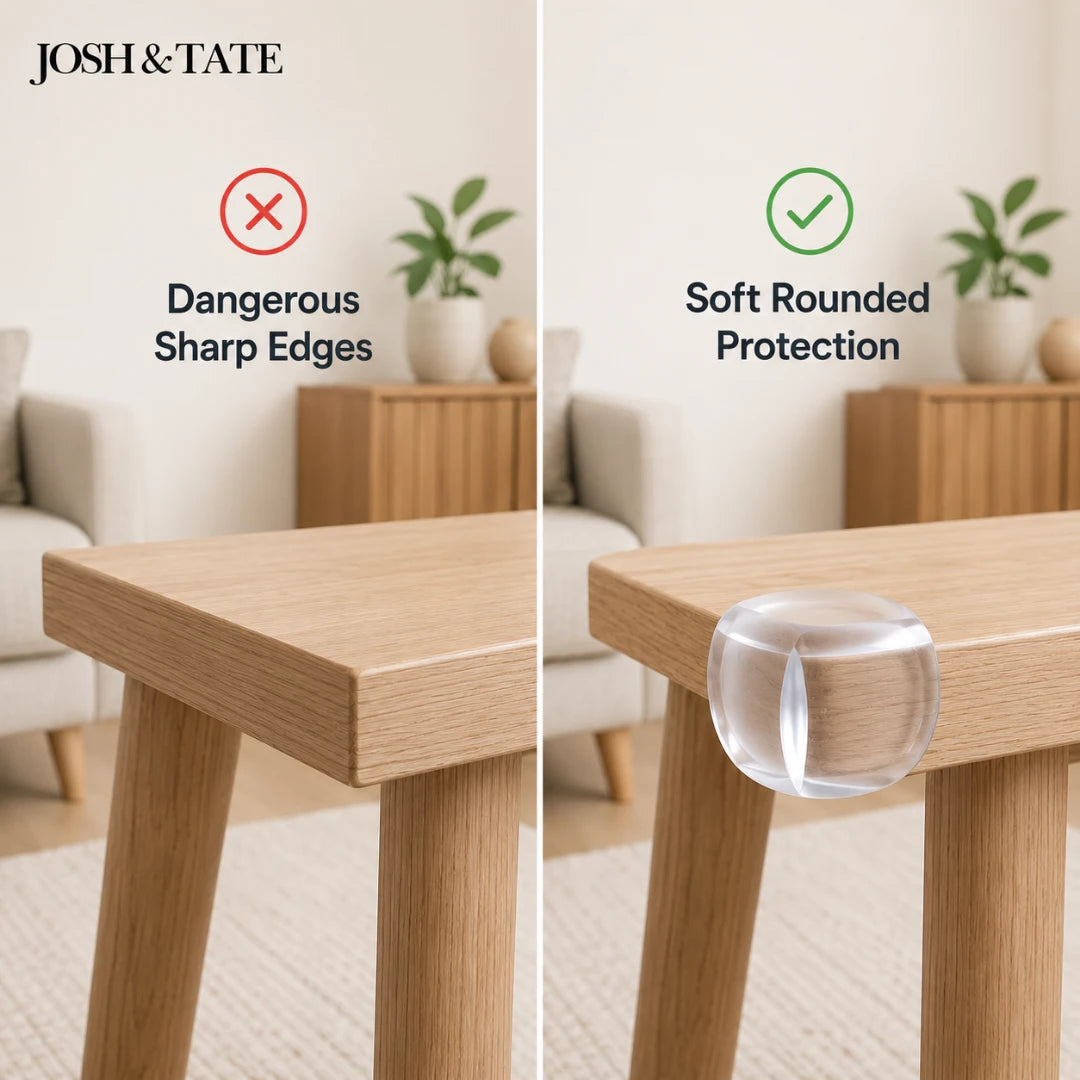 Comparison of a table with dangerous sharp edges and one with soft rounded protection, featuring 'Josh & Tate' branding.