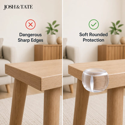 Comparison of a table with dangerous sharp edges and one with soft rounded protection, featuring 'Josh & Tate' branding.