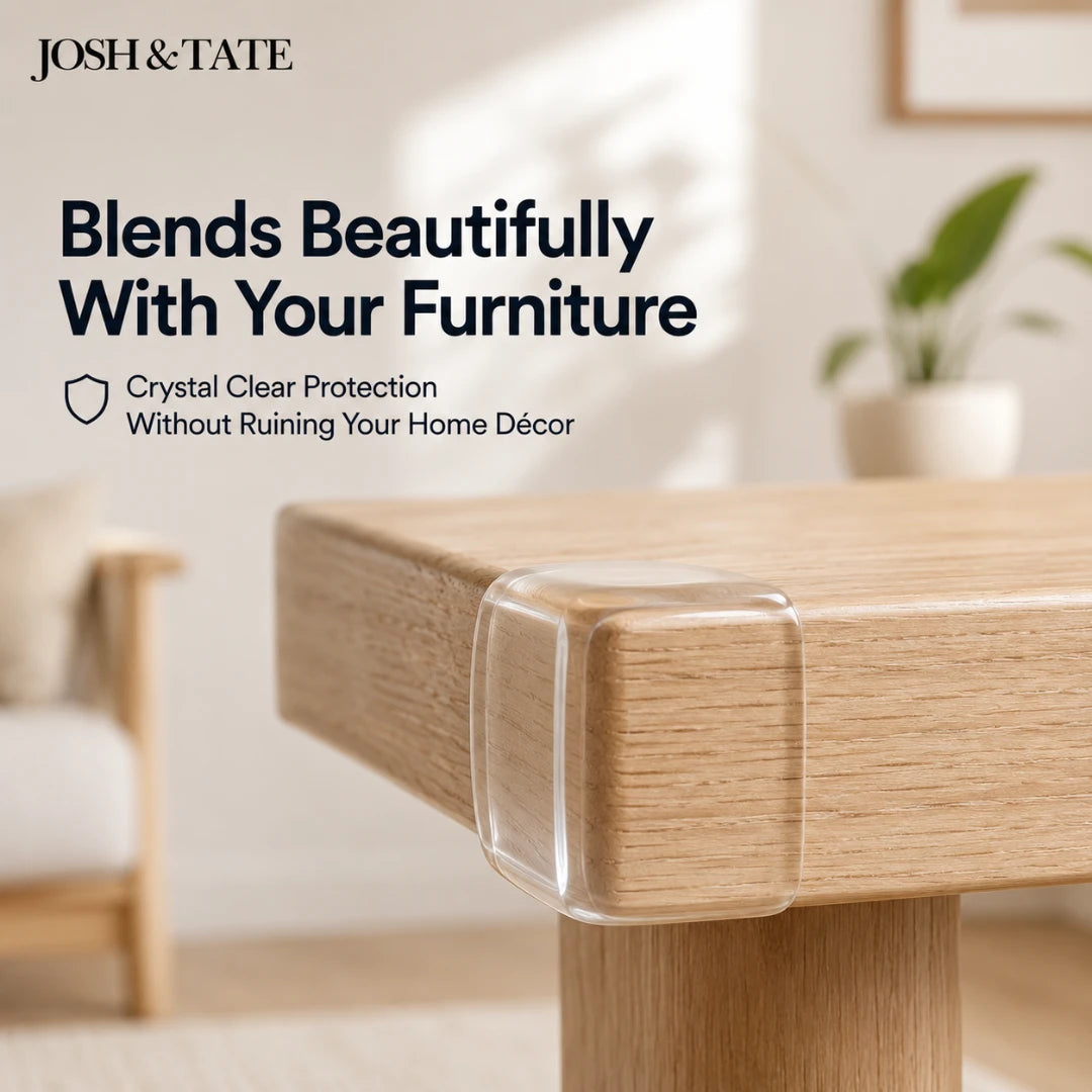 Josh & Tate - BumperBall™ Corner Protectors - Wooden table with clear protective layer in a home setting, featuring Josh & Tate branding.