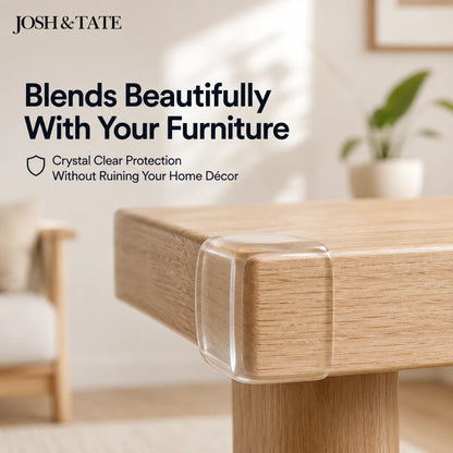 Josh & Tate - BumperBall™ Corner Protectors - Wooden table with clear protective layer in a home setting, featuring Josh & Tate branding.