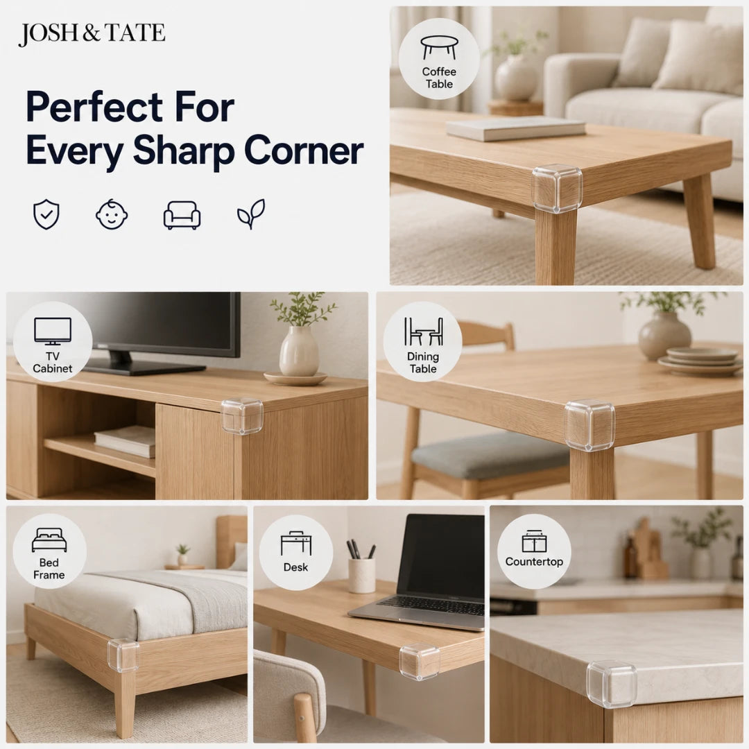 Josh & Tate - BumperBall™ Corner Protectors - Product advertisement for furniture corner protectors by Josh & Tate, showing their use on various wooden surfaces.