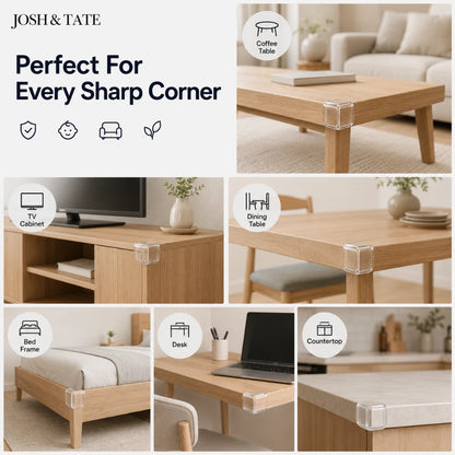 Josh & Tate - BumperBall™ Corner Protectors - Product advertisement for furniture corner protectors by Josh & Tate, showing their use on various wooden surfaces.