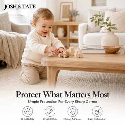Josh & Tate - BumperBall™ Corner Protectors - Child playing with toys on a wooden table in a living room, with 'Josh & Tate' branding and product features displayed.