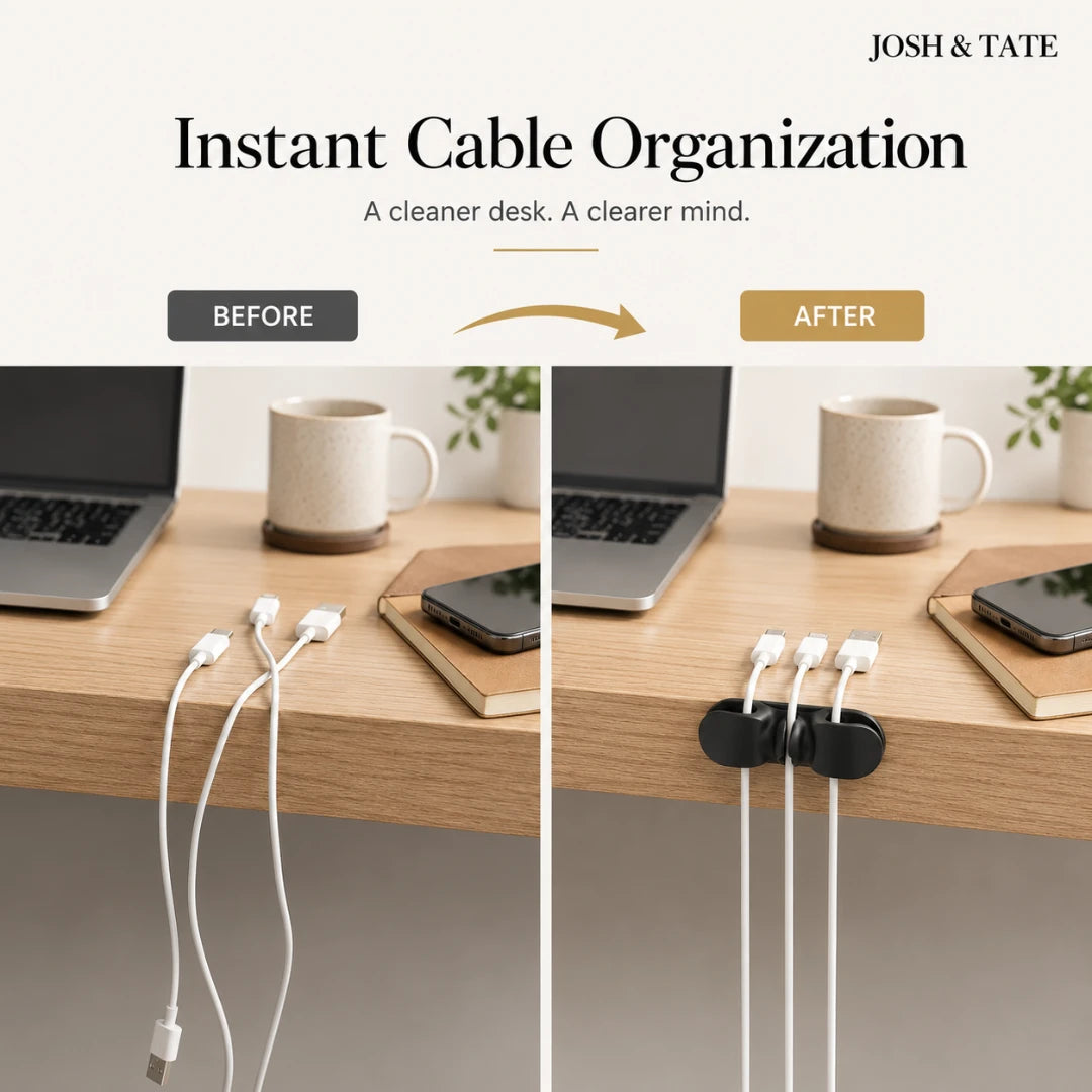 Josh & Tate - CableClip™ Cord Organizer - Before and after comparison of a desk setup with cable management product by Josh & Tate.