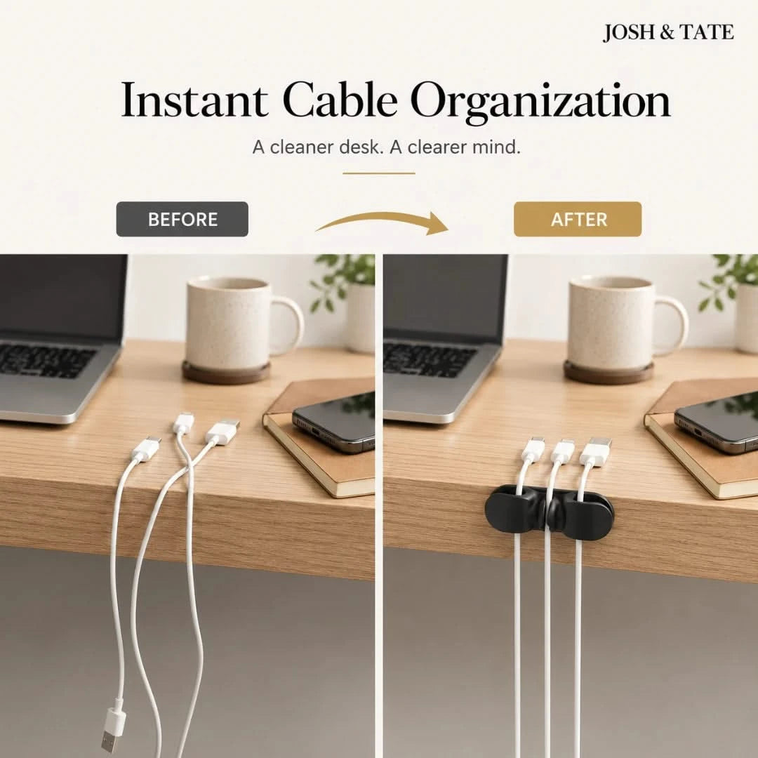 Josh & Tate - CableClip™ Cord Organizer - Before and after comparison of a desk setup with cable management product by Josh & Tate.