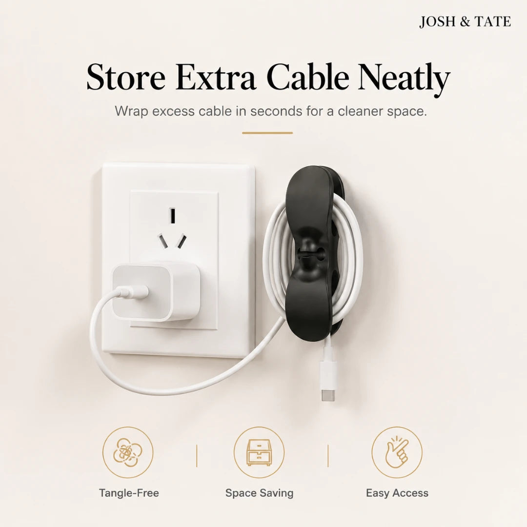 Josh & Tate - CableClip™ Cord Organizer - Headphone with cable wrap near a power outlet on a light beige background, featuring the brand 'Josh & Tate'.