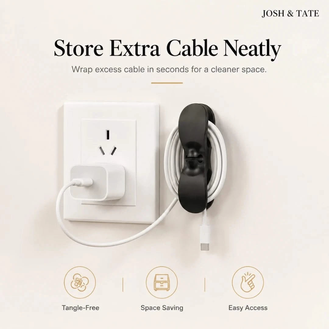 Josh & Tate - CableClip™ Cord Organizer - Headphone with cable wrap near a power outlet on a light beige background, featuring the brand 'Josh & Tate'.