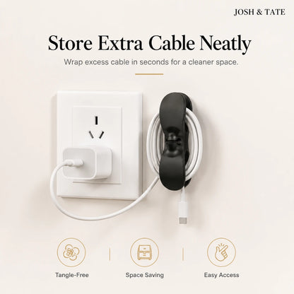 Josh & Tate - CableClip™ Cord Organizer - Headphone with cable wrap near a power outlet on a light beige background, featuring the brand 'Josh & Tate'.