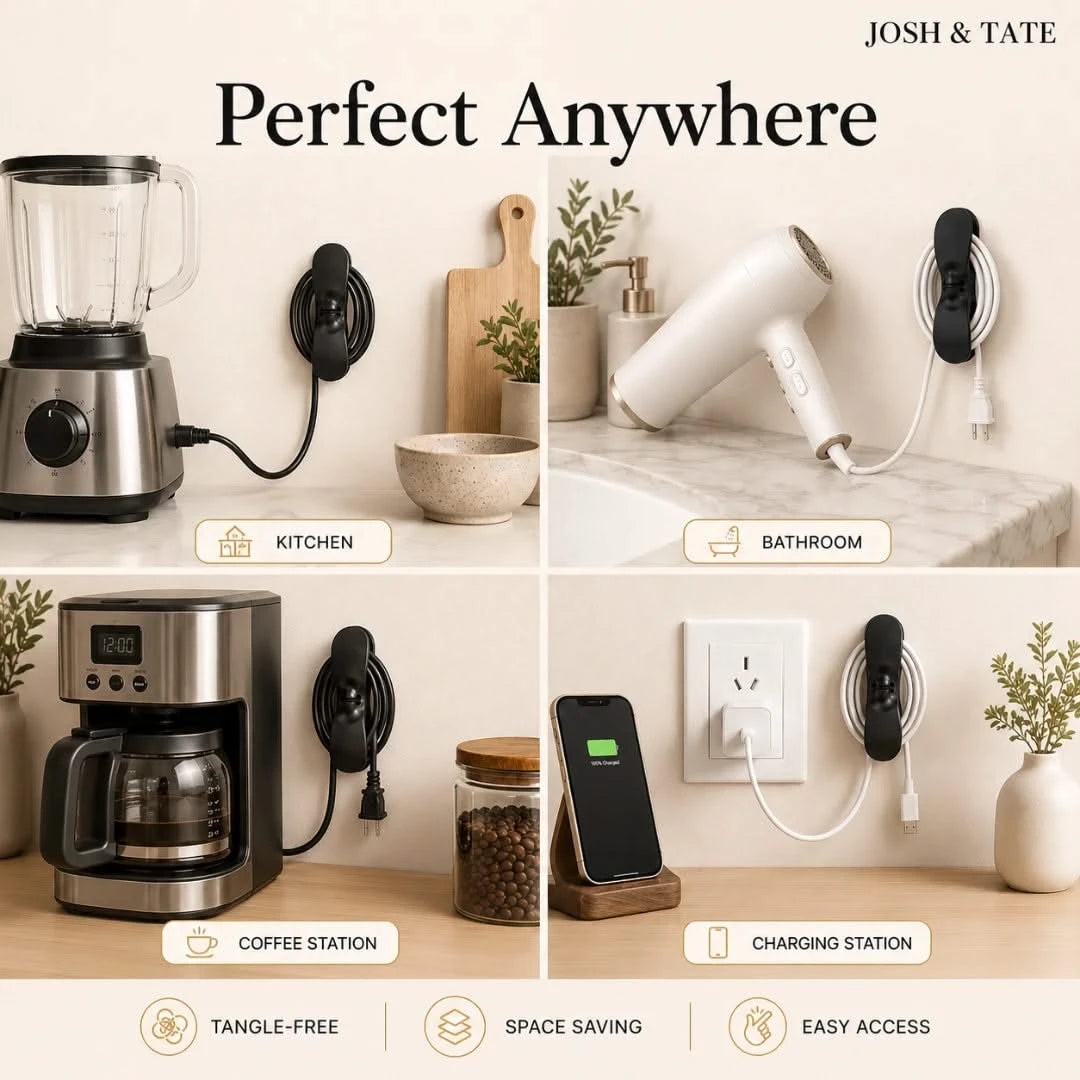 Josh & Tate - CableClip™ Cord Organizer - Collage of kitchen, bathroom, coffee station, and charging station with appliances and devices plugged into wall outlets.