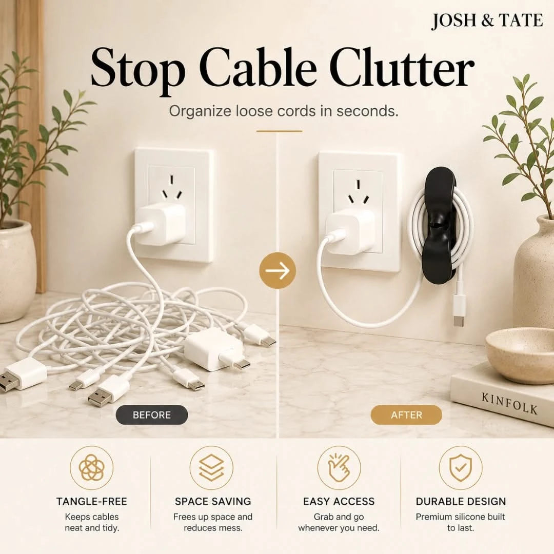 Josh & Tate - CableClip™ Cord Organizer - Product before and after image showing cable management solution with 'Josh & Tate' branding.