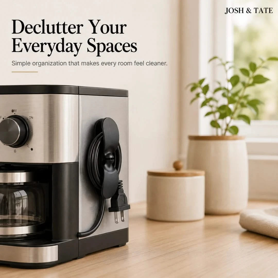 Josh & Tate - CableClip™ Cord Organizer - Coffee maker on a wooden surface with decorative items and text about decluttering everyday spaces.