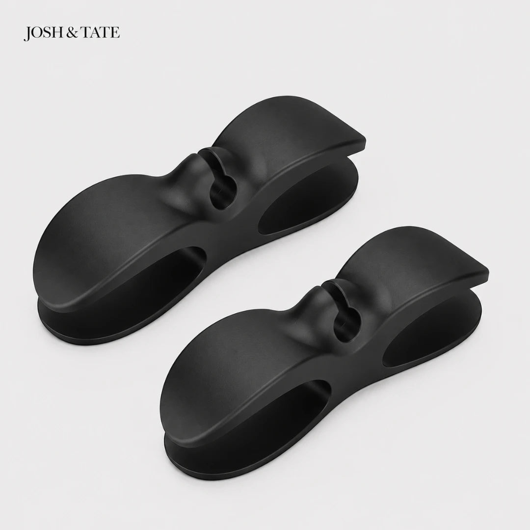 Josh & Tate - CableClip™ Cord Organizer - Two black clips on a light gray background with 'JOSH & TATE' branding.