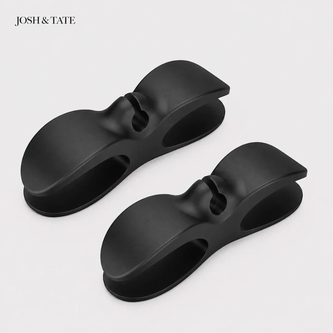 Josh & Tate - CableClip™ Cord Organizer - Two black clips on a light gray background with 'JOSH & TATE' branding.