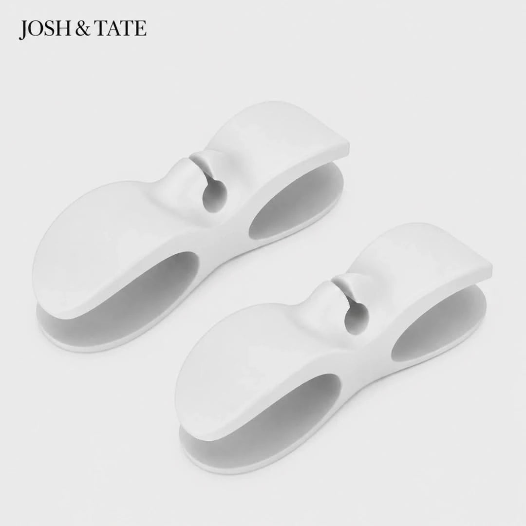 Josh & Tate - CableClip™ Cord Organizer - Two white clips on a light gray background with 'JOSH & TATE' branding.
