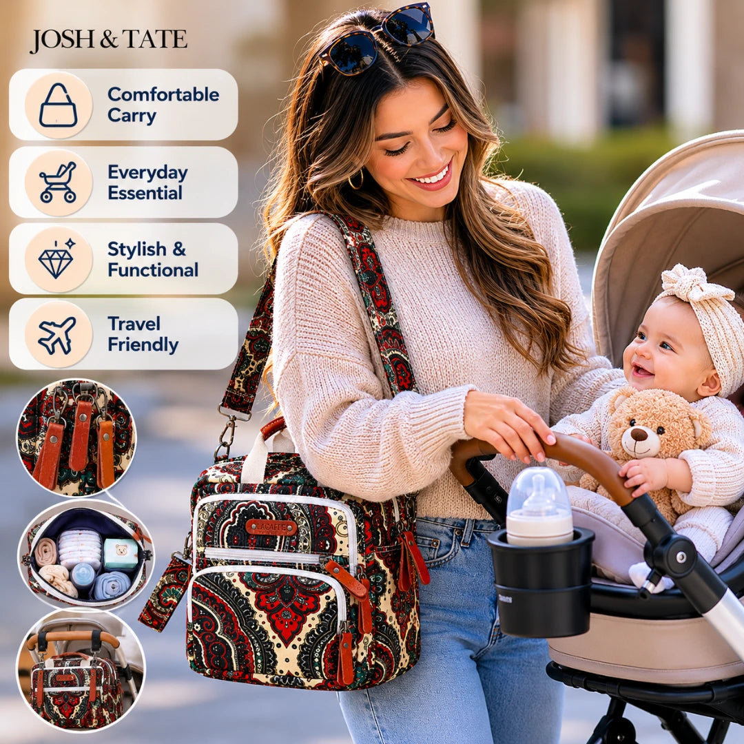 Josh & Tate - CarryAll™ Convertible Baby Bag - Woman with a baby in a stroller, holding a patterned bag, with product features listed.