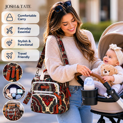 Josh & Tate - CarryAll™ Convertible Baby Bag - Woman with a baby in a stroller, holding a patterned bag, with product features listed.
