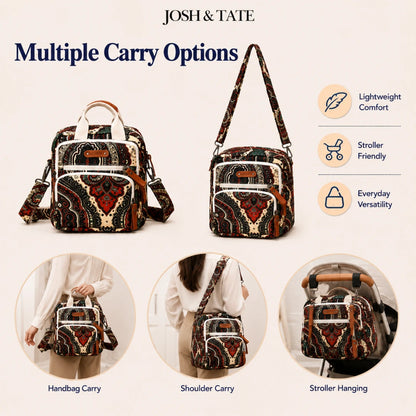Josh & Tate - CarryAll™ Convertible Baby Bag - Multifunctional bag with various carrying options and features on a white background.