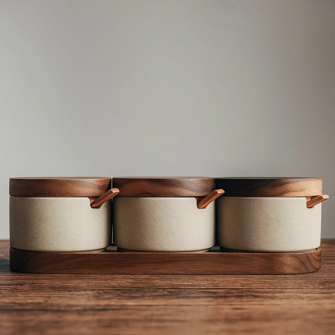 Josh & Tate - Ceramic Condiment Storage Set - Three ceramic containers with wooden lids and handles on a wooden stand against a neutral background
