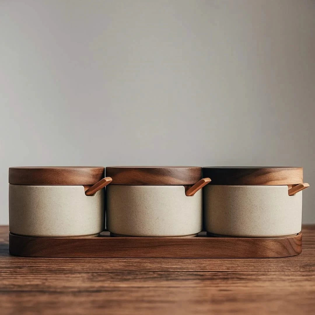 Josh & Tate - Ceramic Condiment Storage Set - Three ceramic containers with wooden lids and handles on a wooden stand against a neutral background