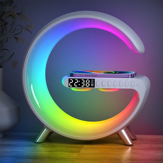 Colorful LED night light with digital clock on a wooden surface