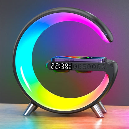 Colorful LED lamp with digital clock on a wooden surface