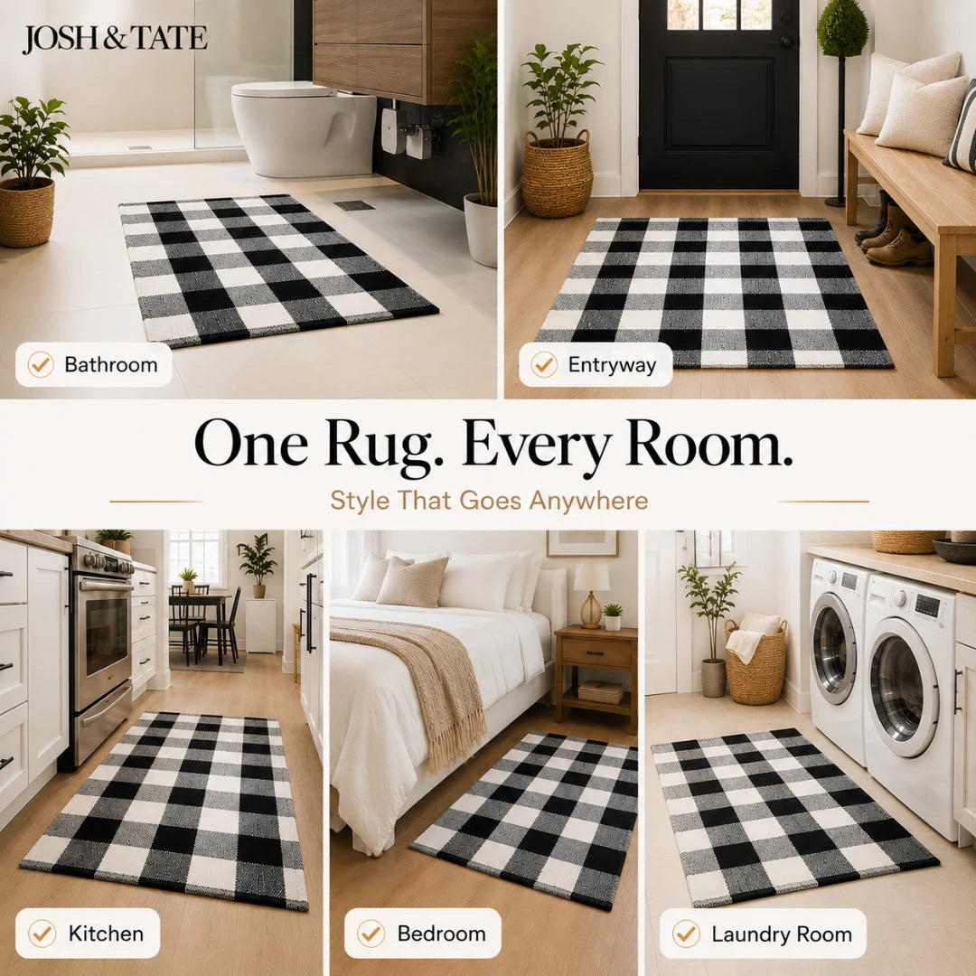 Josh & Tate - CheckMate™ Buffalo Plaid Cotton Rug - Black and white checkered rug shown in various rooms with text 'One Rug. Every Room.'