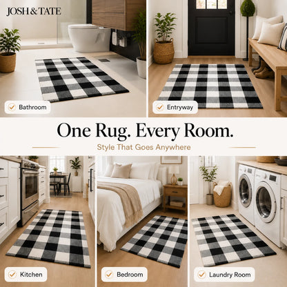 Josh & Tate - CheckMate™ Buffalo Plaid Cotton Rug - Black and white checkered rug shown in various rooms with text 'One Rug. Every Room.'