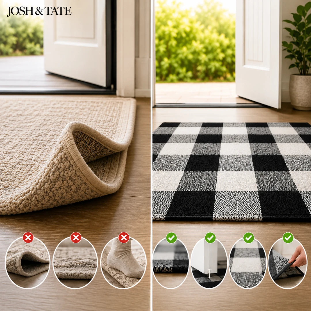 Josh & Tate - CheckMate™ Buffalo Plaid Cotton Rug - Two different rugs on a wooden floor with a door open to a garden view, featuring Josh & Tate branding.