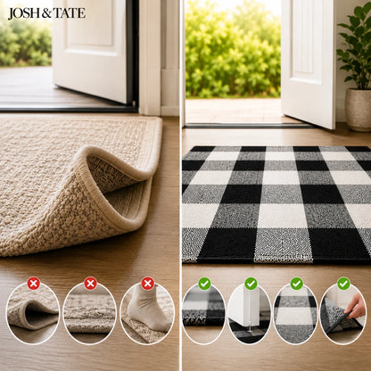 Josh & Tate - CheckMate™ Buffalo Plaid Cotton Rug - Two different rugs on a wooden floor with a door open to a garden view, featuring Josh & Tate branding.