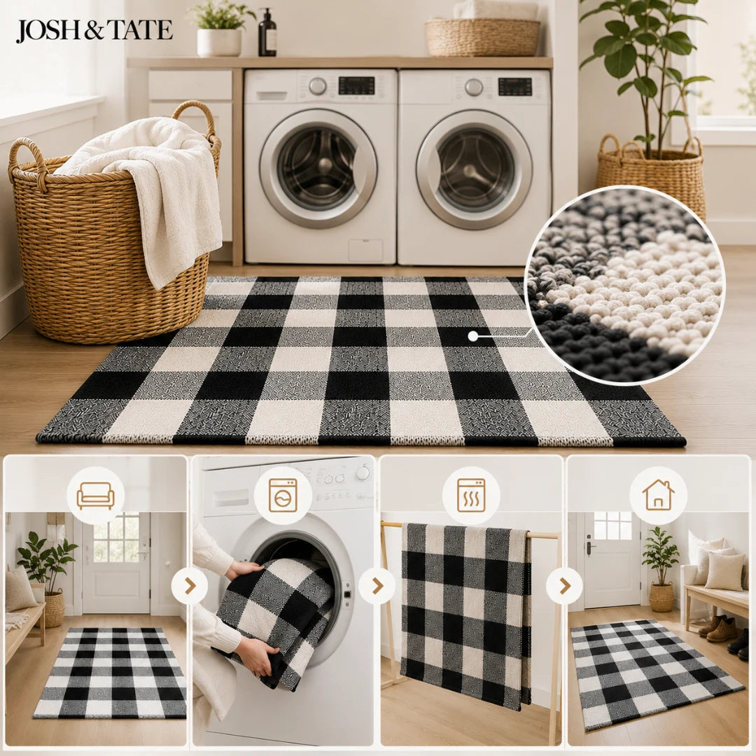 Josh & Tate - CheckMate™ Buffalo Plaid Cotton Rug - Black and white checkered rug with close-up of texture, laundry room setting.
