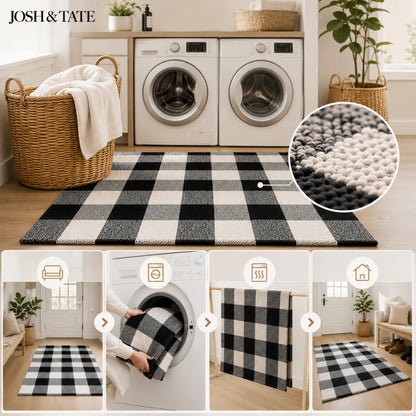 Josh & Tate - CheckMate™ Buffalo Plaid Cotton Rug - Black and white checkered rug with close-up of texture, laundry room setting.