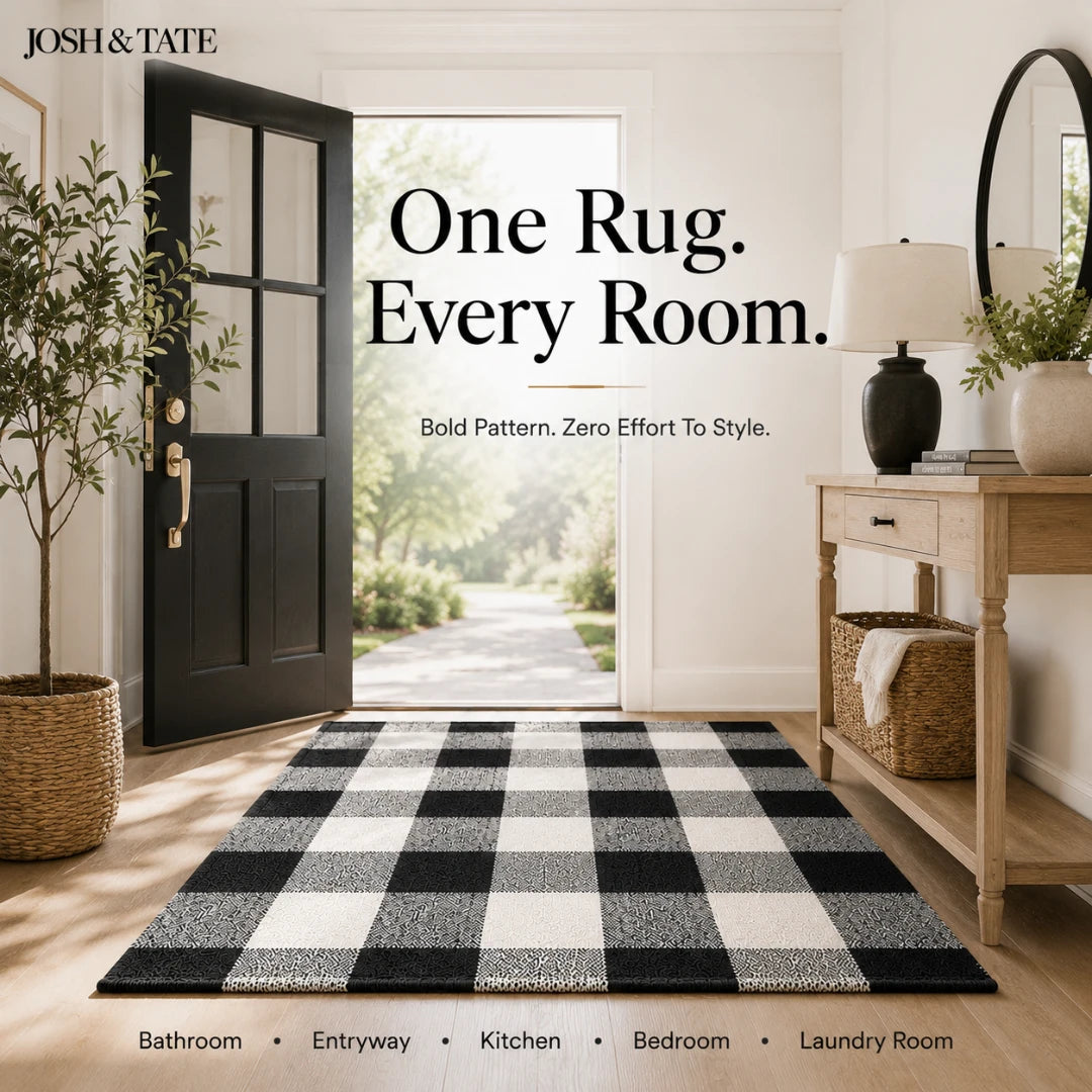 Josh & Tate - CheckMate™ Buffalo Plaid Cotton Rug - Black and white checkered rug in a room with furniture and decor.