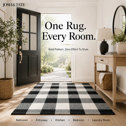Josh & Tate - CheckMate™ Buffalo Plaid Cotton Rug - Black and white checkered rug in a room with furniture and decor.