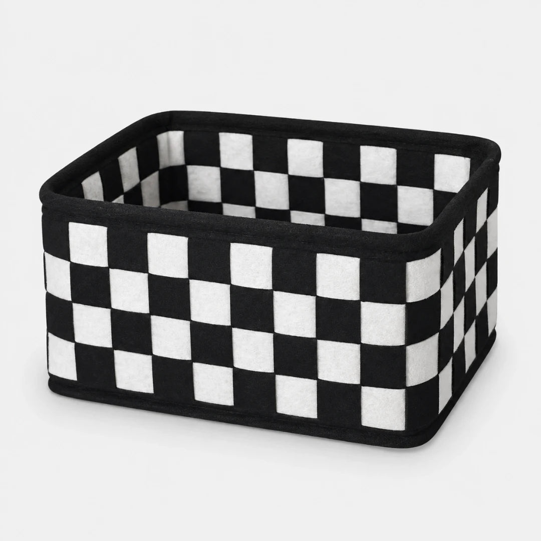 Josh & Tate - CheckerBin™ Storage Basket - A rectangular fabric storage basket with a black and white checkered pattern, shown on a light gray background.