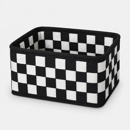Josh & Tate - CheckerBin™ Storage Basket - A rectangular fabric storage basket with a black and white checkered pattern, shown on a light gray background.