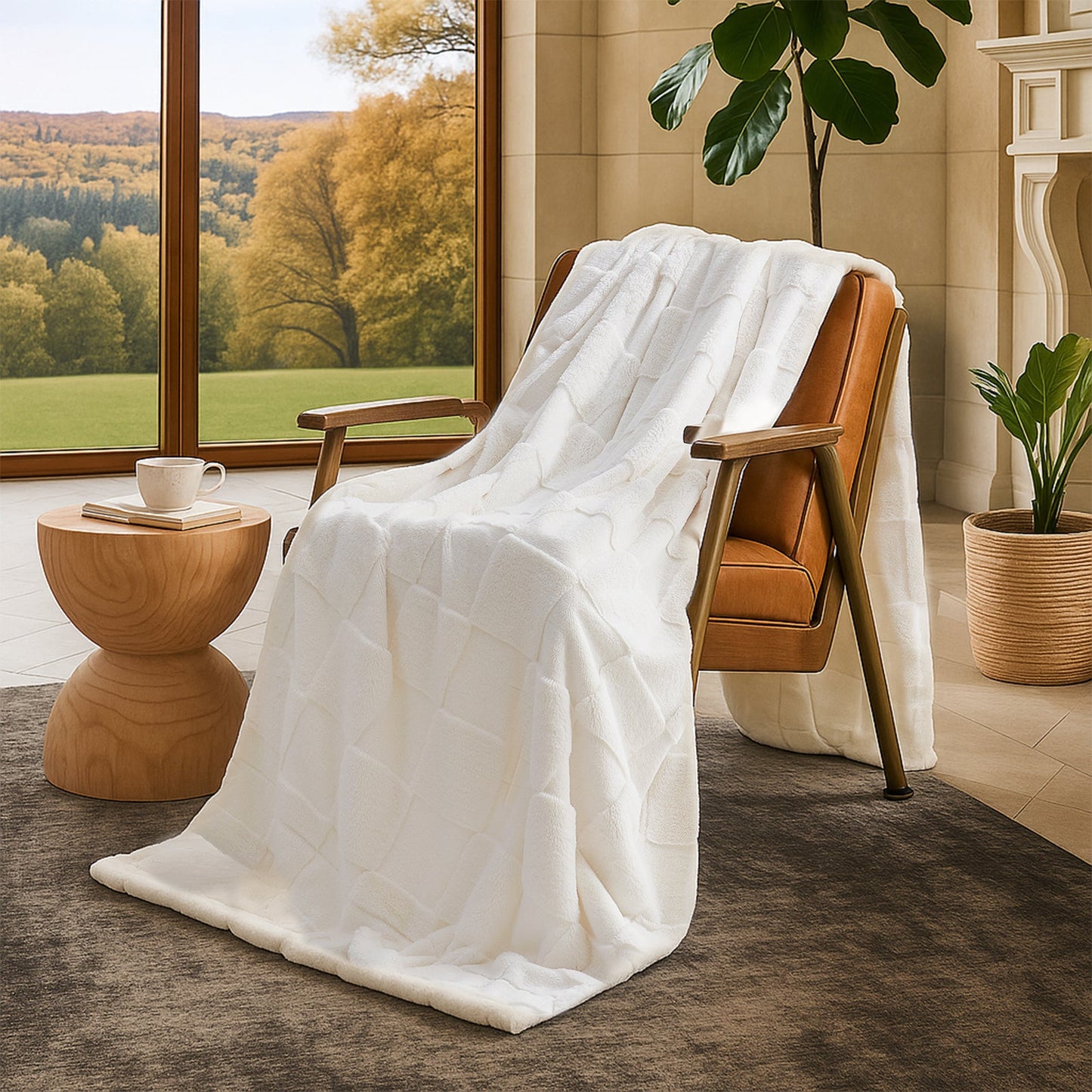 White blanket draped over a wooden chair in a room with large windows and plants.