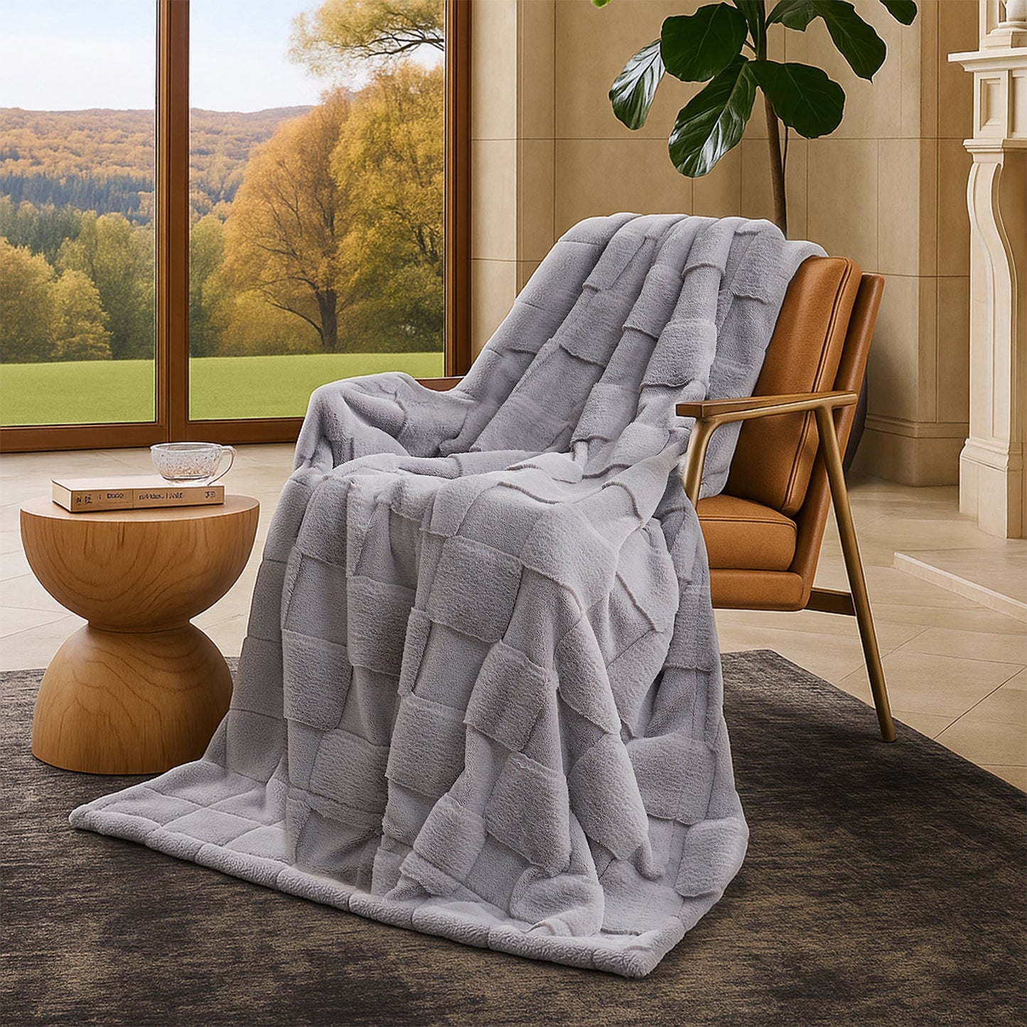 Gray textured blanket draped over a brown chair in a room with large windows showing a scenic view.