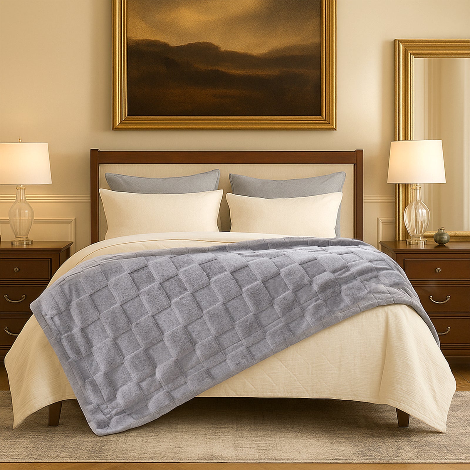 Bedroom with a bed covered by a gray quilt, nightstands with lamps, and a painting on the wall.