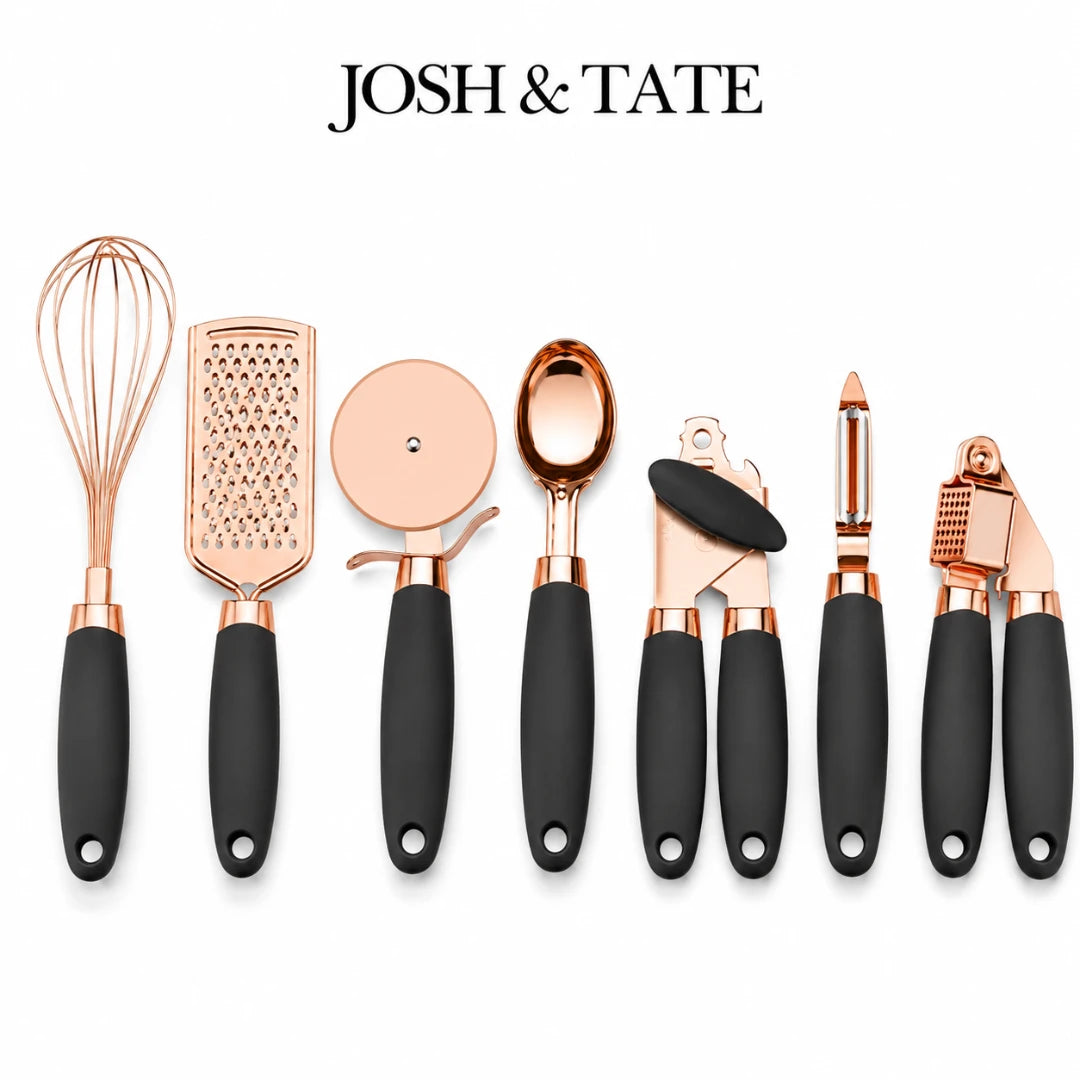 Josh & Tate - ChefCraft™ 7-Piece Rose Gold Kitchen Set - Set of kitchen utensils with rose gold and black handles on a white background, featuring the brand 'Josh & Tate'.
