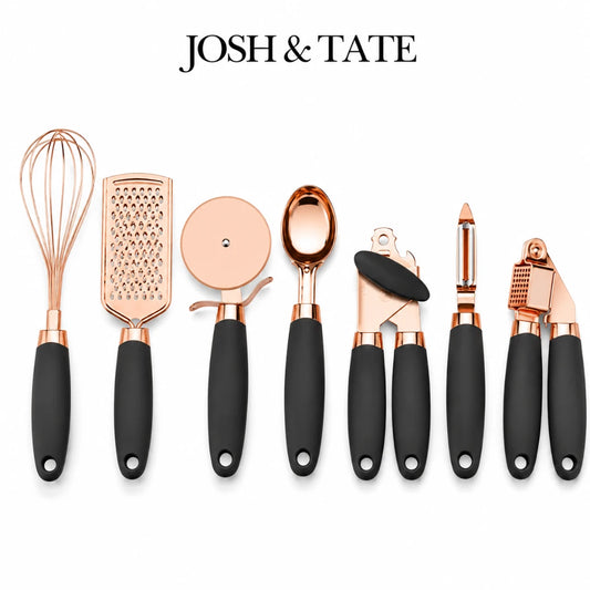 Josh & Tate - ChefCraft™ 7-Piece Rose Gold Kitchen Set - Set of kitchen utensils with rose gold and black handles on a white background, featuring the brand 'Josh & Tate'.
