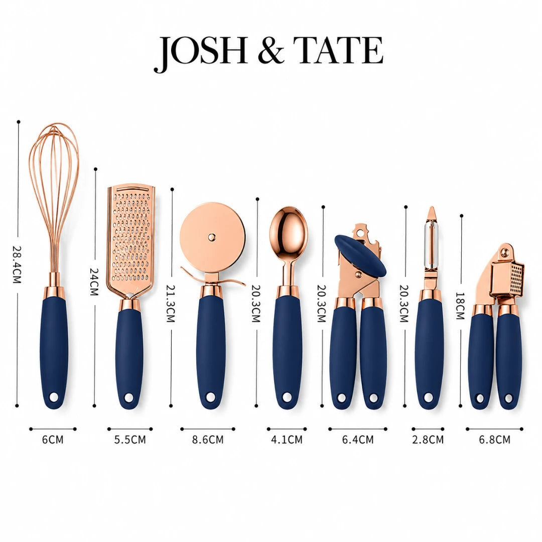 Josh & Tate - ChefCraft™ 7-Piece Rose Gold Kitchen Set - Set of kitchen utensils with blue handles and measurements on a white background, featuring the brand 'Josh & Tate'.