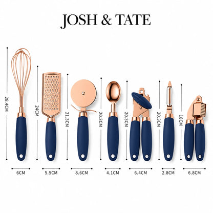 Josh & Tate - ChefCraft™ 7-Piece Rose Gold Kitchen Set - Set of kitchen utensils with blue handles and measurements on a white background, featuring the brand 'Josh & Tate'.