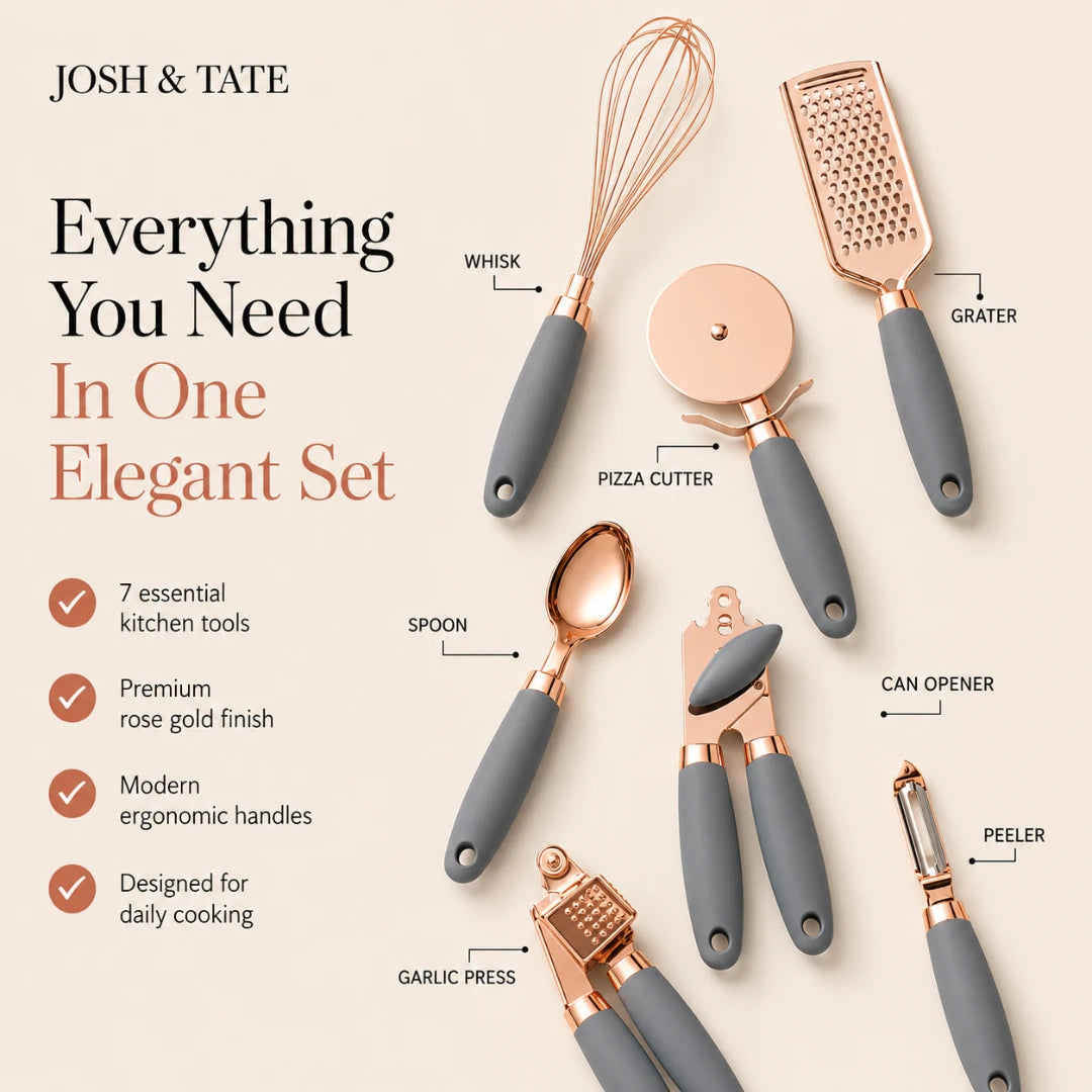 Josh & Tate - ChefCraft™ 7-Piece Rose Gold Kitchen Set - Set of kitchen tools with rose gold accents and gray handles on a beige background, featuring the brand 'Josh & Tate'.