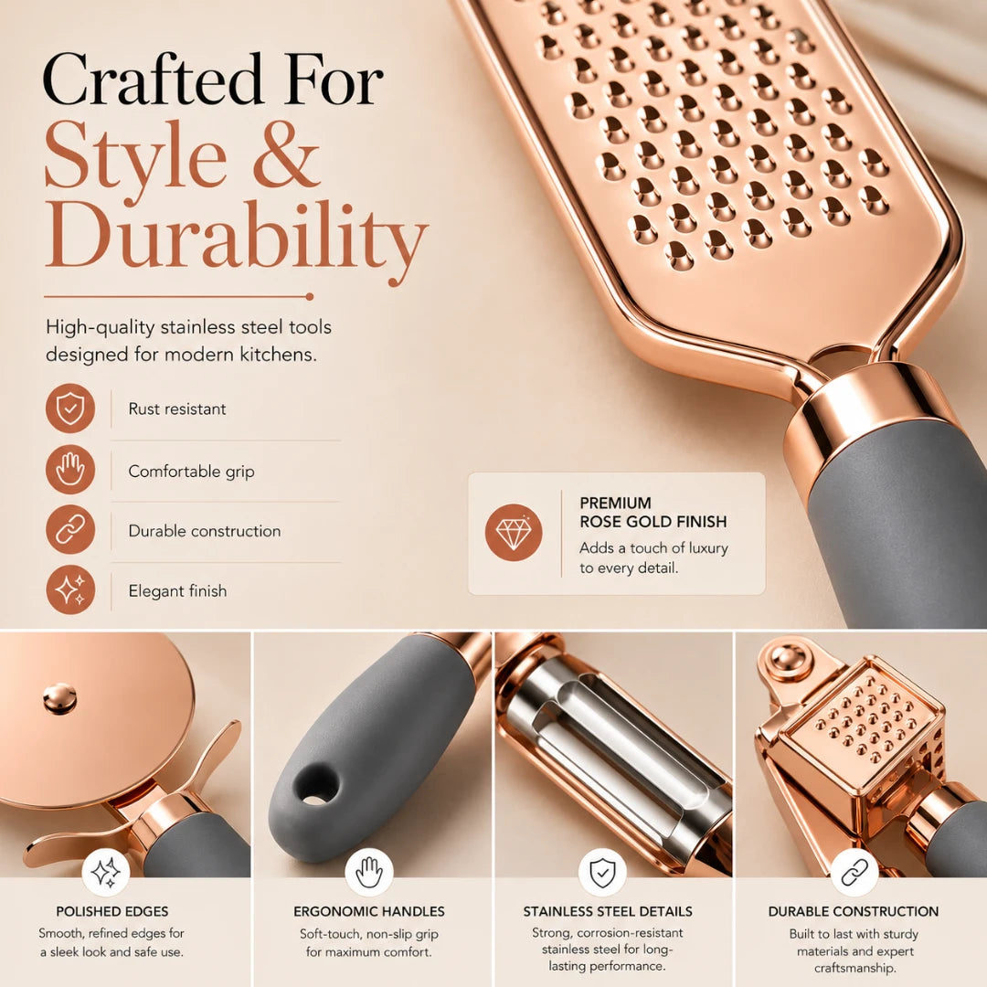 Josh & Tate - ChefCraft™ 7-Piece Rose Gold Kitchen Set - Rose gold kitchen tool with text highlighting features on a beige background