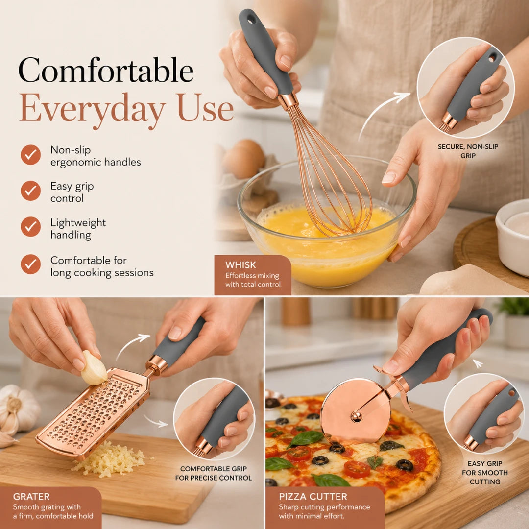 Josh & Tate - ChefCraft™ 7-Piece Rose Gold Kitchen Set - Set of kitchen utensils with text highlighting features like non-slip handles and easy grip control.